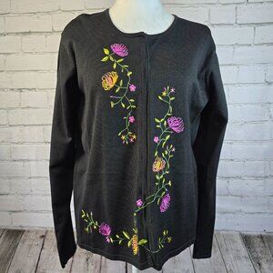 WOMENS OBEE BLACK CARDIGAN WITH FLORAL EMBROIDERY HOOK AND EYE CLOSURE SIZE L